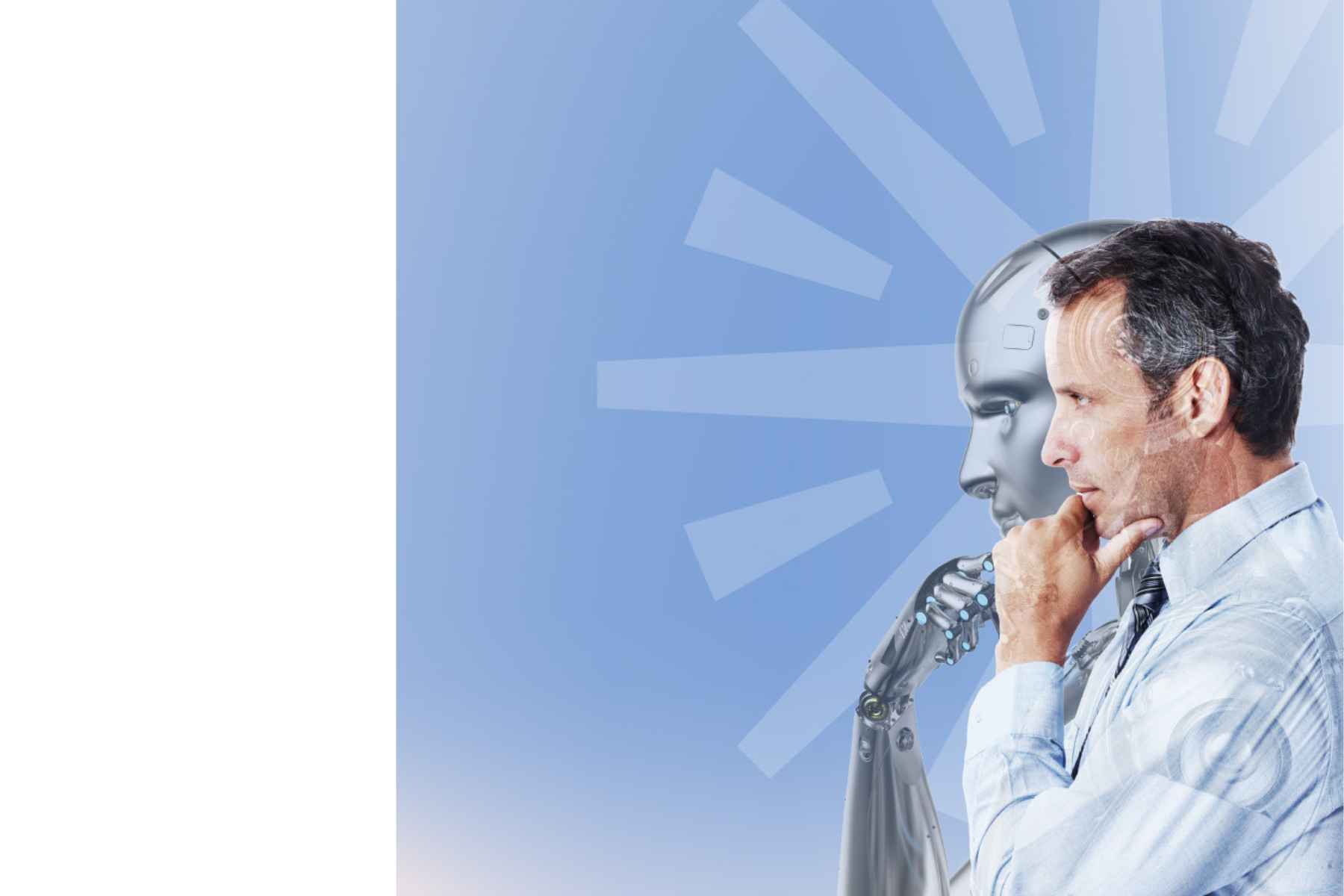 A man thinking, with an overlay of a robotic figure behind him.