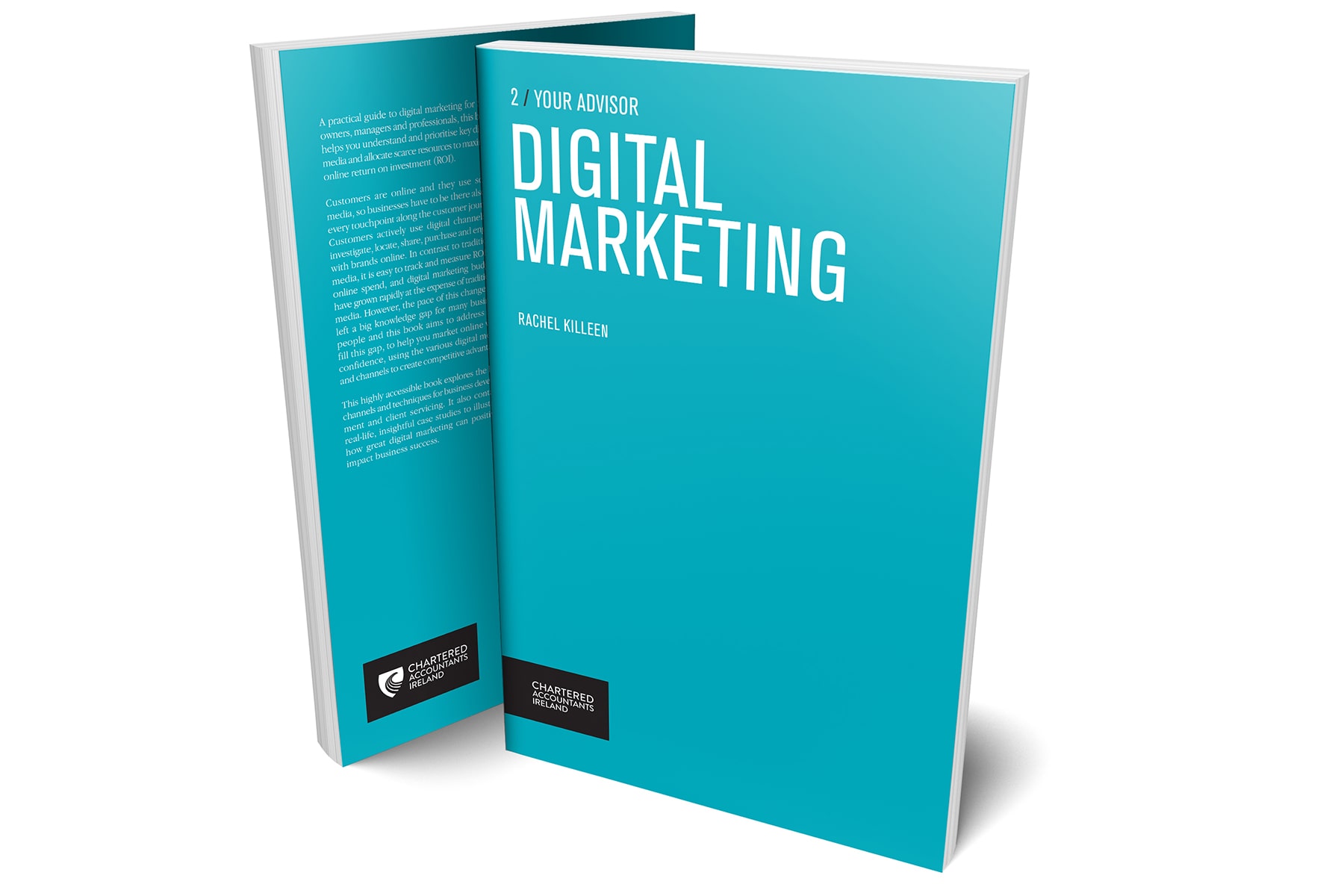 3D book cover of Digital Marketing by Rachel Killeen. Light blue cover with white text.
